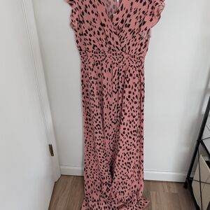 Pink Leopard Print Maxi Dress with Ruffle Sleeves and Shirred Waist